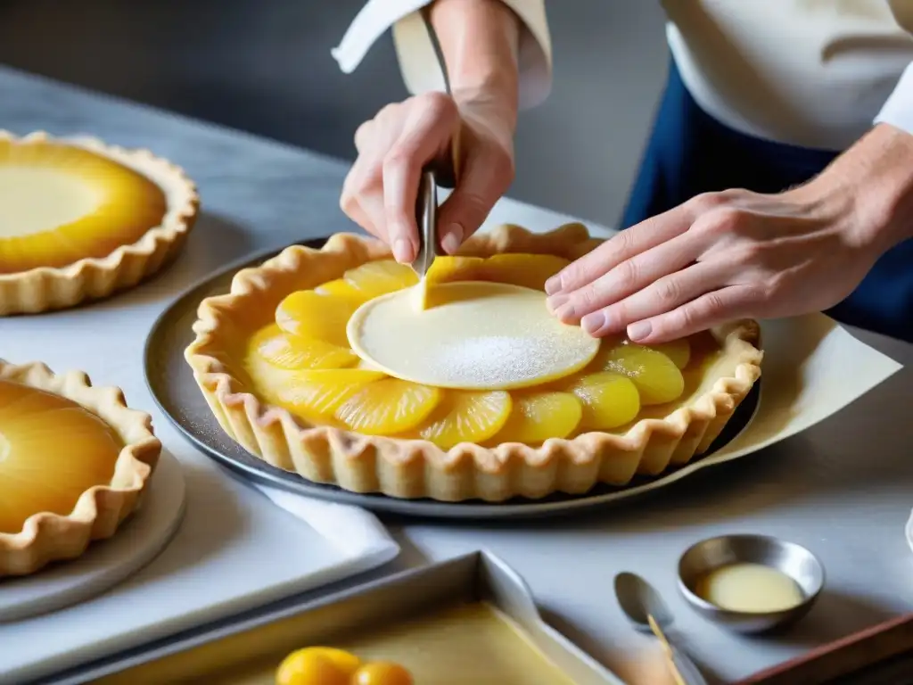 Un chef de repostería francés experto en capas de masa filo para tartas francesas en una cocina bulliciosa