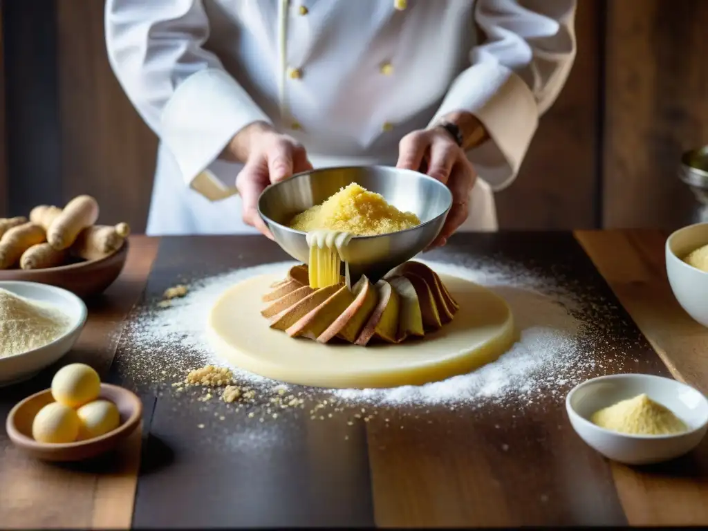 Chef de repostería francés rallando raíz de jengibre fresco en un bol, rodeado de ingredientes de cocina francesa en una mesa de madera rústica