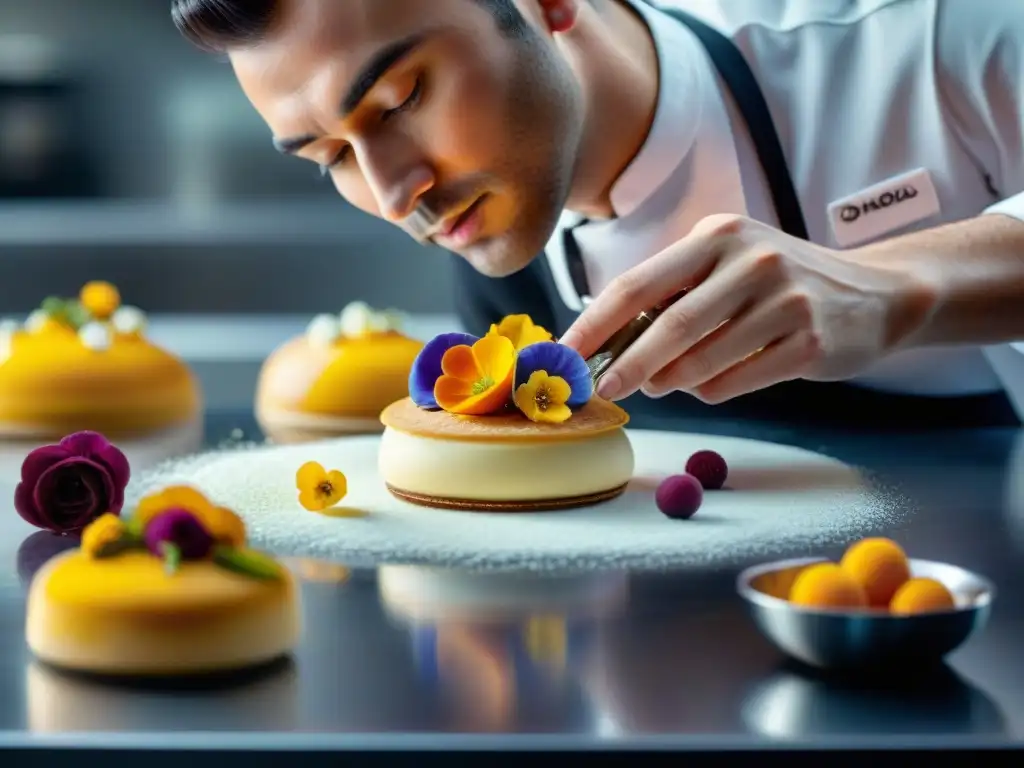 Un chef de repostería francés contemporáneo e innovador montando un postre con flores comestibles en una cocina elegante y moderna