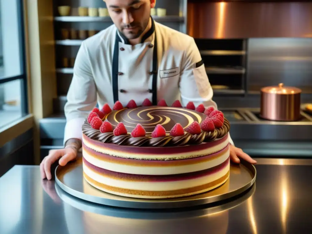 Un chef de repostería francés innovador crea una elegante Opera cake con crema de frambuesa