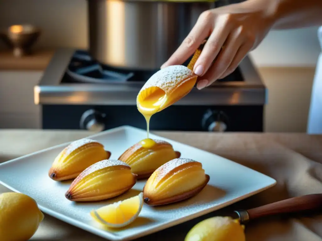 Un chef de repostería francés rellenando madeleines con crema de limón