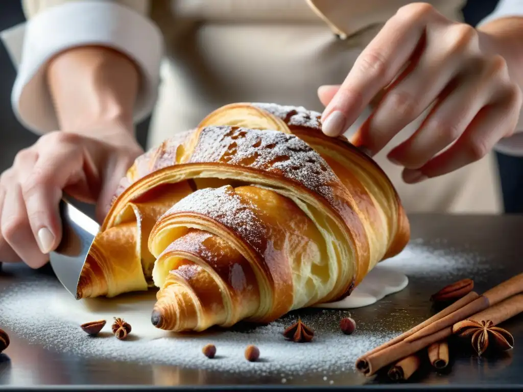 Un chef de repostería francés espolvoreando con precisión una croissant recién horneada con canela, en una escena de maestría culinaria