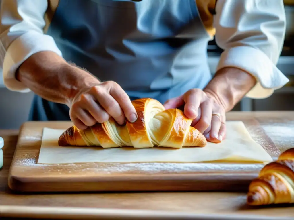 Chef de repostería francesa experto en fermentación, dando forma a un croissant con destreza en una bulliciosa cocina de panadería