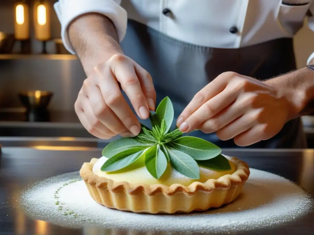 Un chef de repostería francesa coloca una fresca ramita de Mejorana sobre un pastel, destacando la innovación en repostería