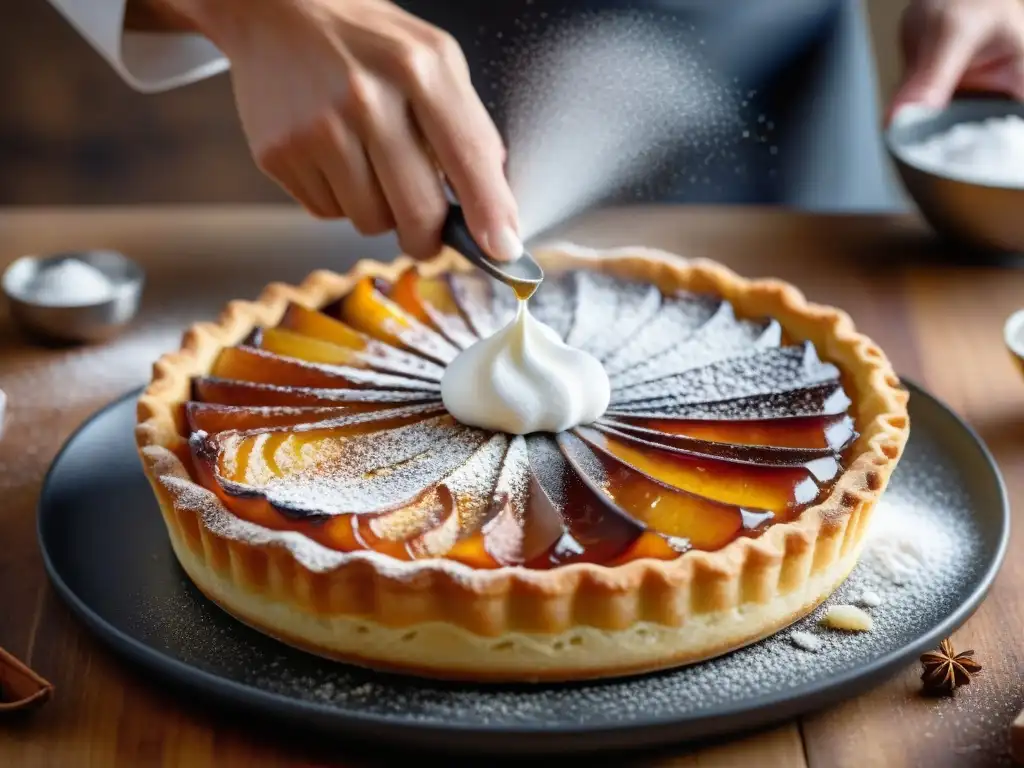 Un chef de repostería francés espolvorea azúcar glas sobre una tarta tatin con anís estrellado, creando un postre dorado y delicioso