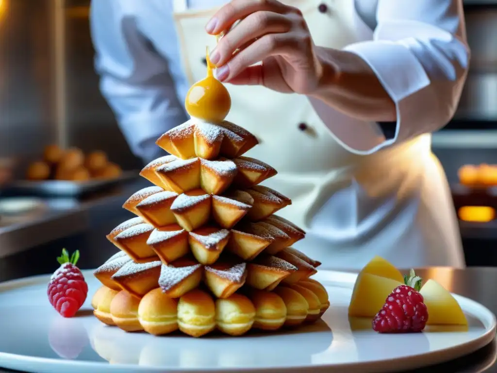 Un chef de repostería francés decora un croquembouche mientras una impresora 3D crea una mini Torre Eiffel