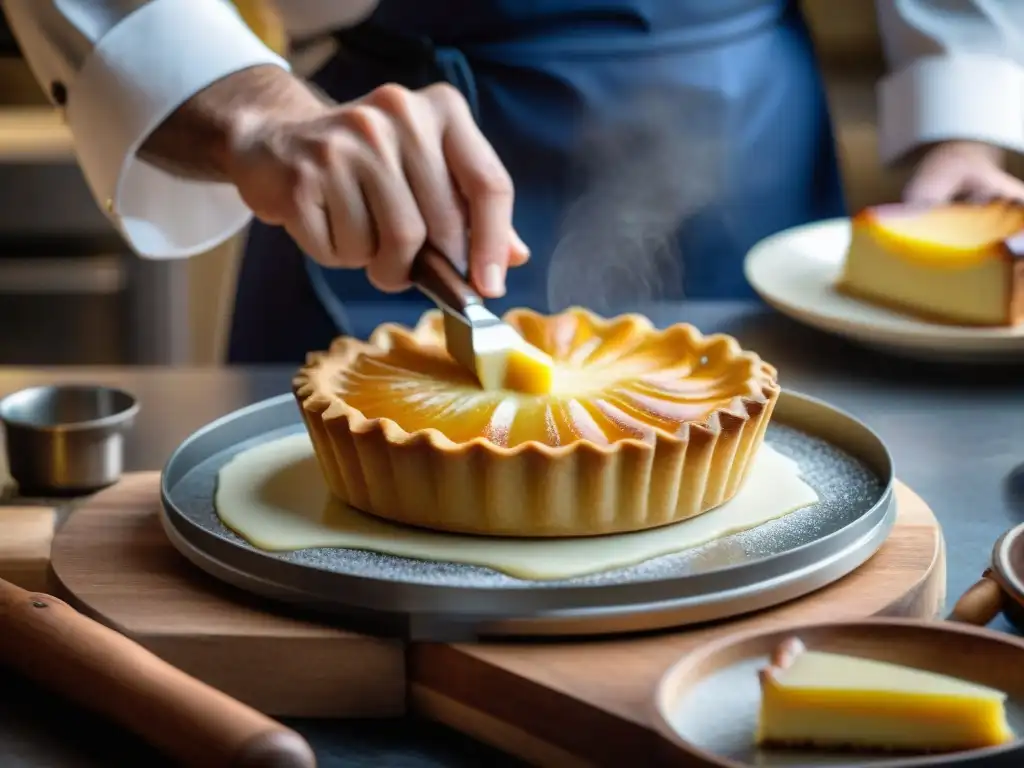 Un chef de repostería francés cuidadosamente cepillando mantequilla derretida en un molde para tartas francés, destacando su diseño y artesanía