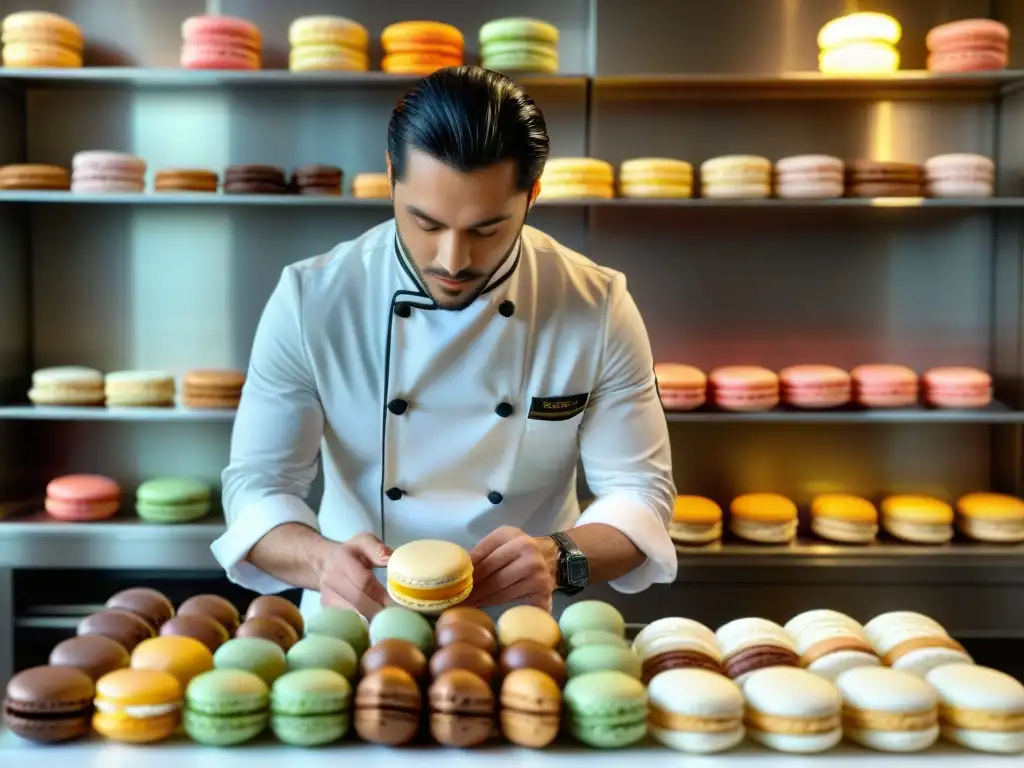 Un chef de repostería francés crea con meticulosidad una torre de macarrones rodeado de dulces franceses postres inspiración