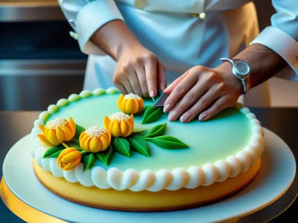 Un chef de repostería elabora con precisión flores de azúcar en una pastelería francesa obra de arte