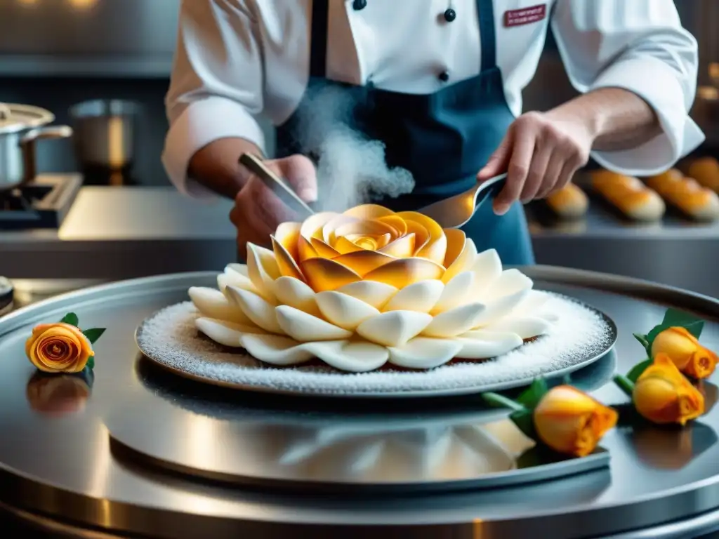 Un chef de repostería francés esculpe rosas de azúcar en un postre icónico francés innovador