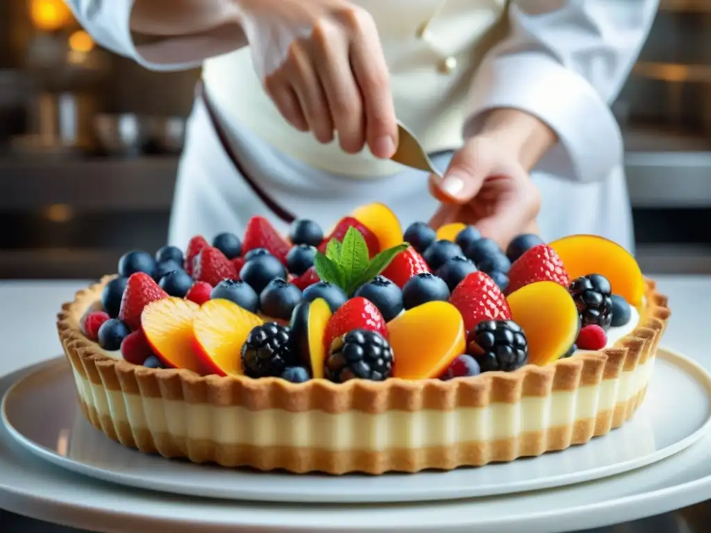 Un chef de repostería francés crea un postre ligero con frutas y flores comestibles en una pastelería francesa