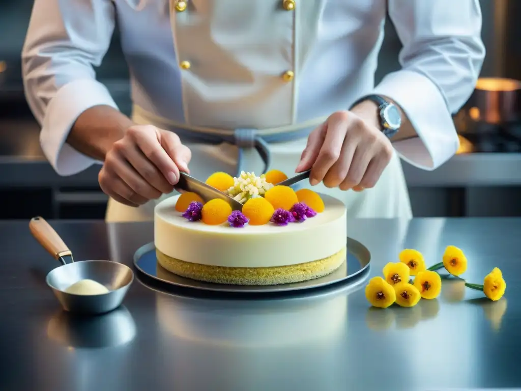 Un chef de repostería creando postres asiáticos franceses innovadores con esmero y detalle, en una cocina armoniosa y brillante