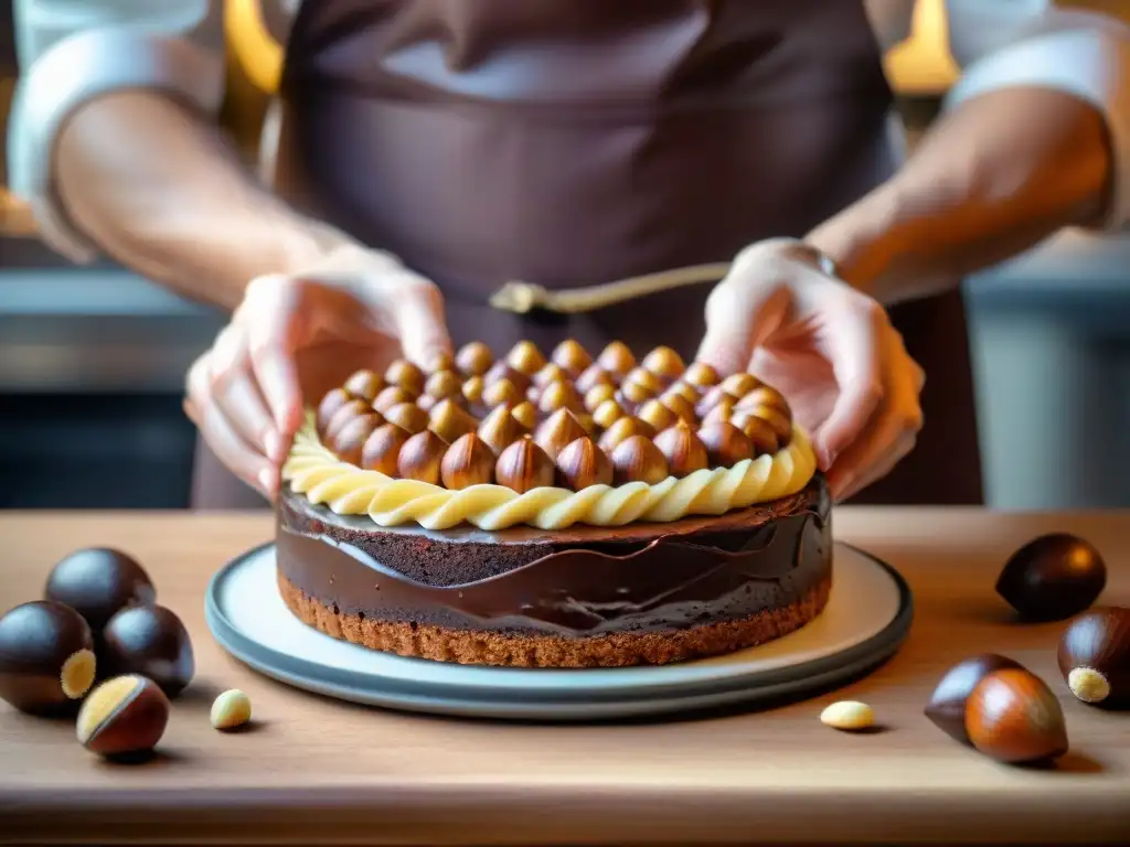 Un chef de repostería profesional coloca avellanas francesas en un pastel de chocolate, destacando los beneficios avellanas francesas repostería