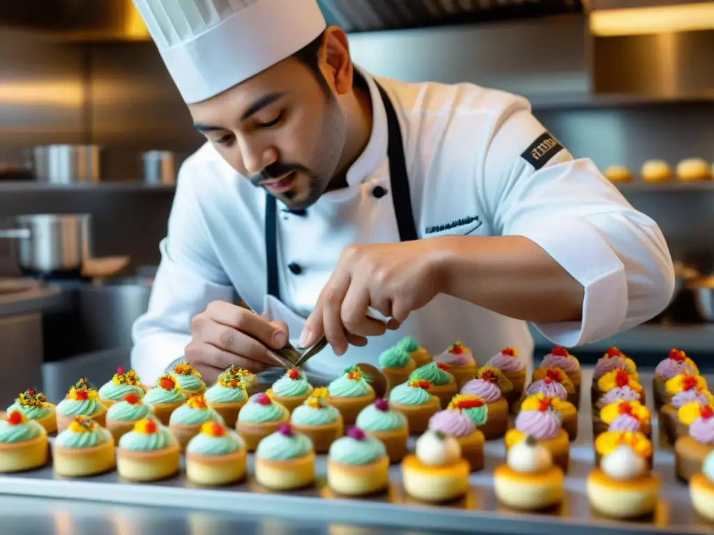 Un chef de repostería decorando petit fours con precisión