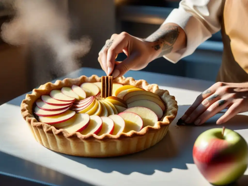 Un chef repostero francés espolvoreando canela sobre una tarta de manzana dorada, en una panadería parisina