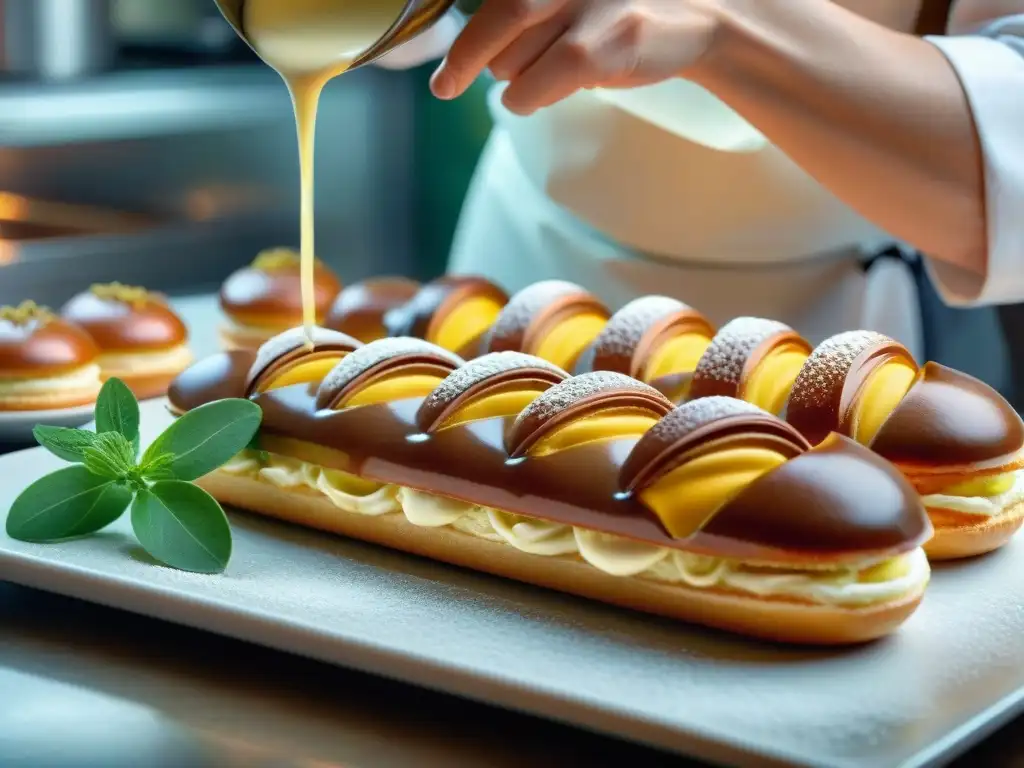 Chef repostero francés añadiendo crema de Mejorana en fresco éclair en panadería parisina