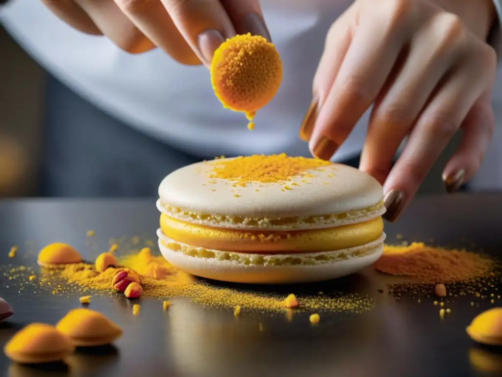 Un chef repostero francés mezclando con cuidado el azafrán en una masa de macarons, resaltando el uso de especias en repostería francesa