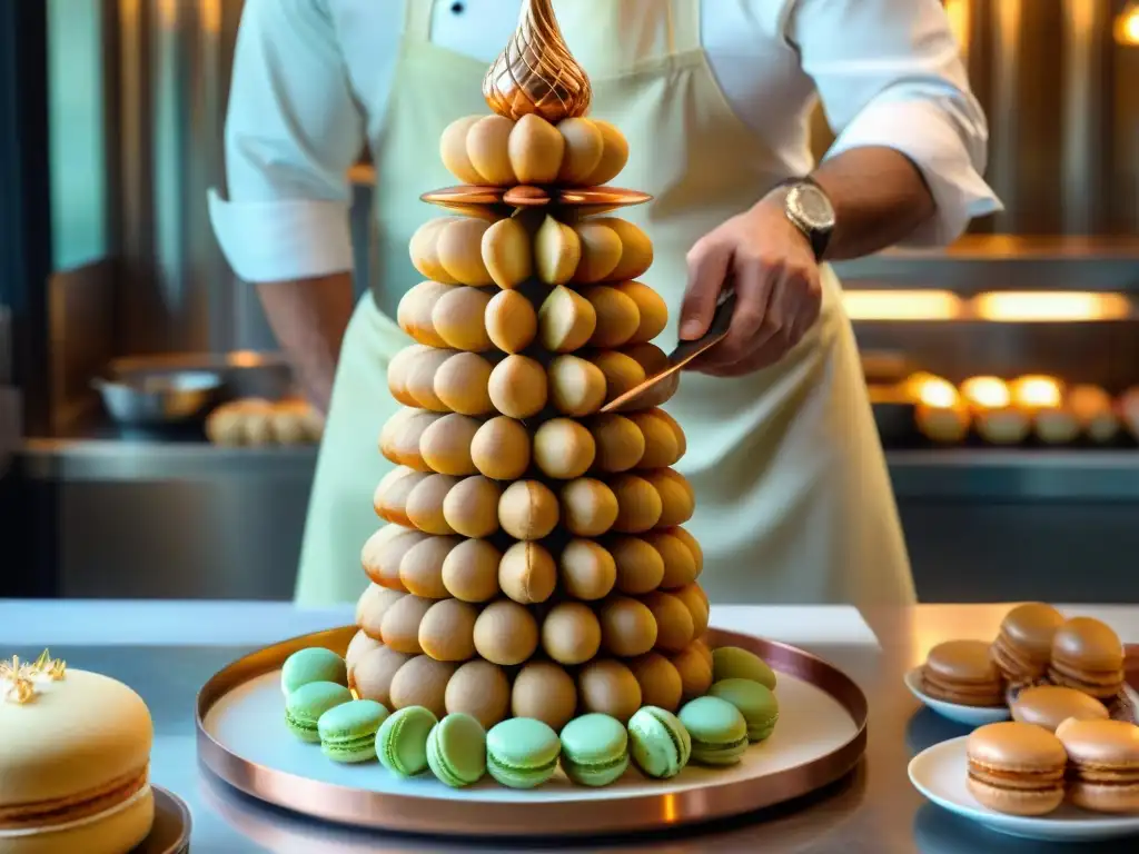 Chef repostero francés crea croquembouche en curso gastronomía francesa innovadora