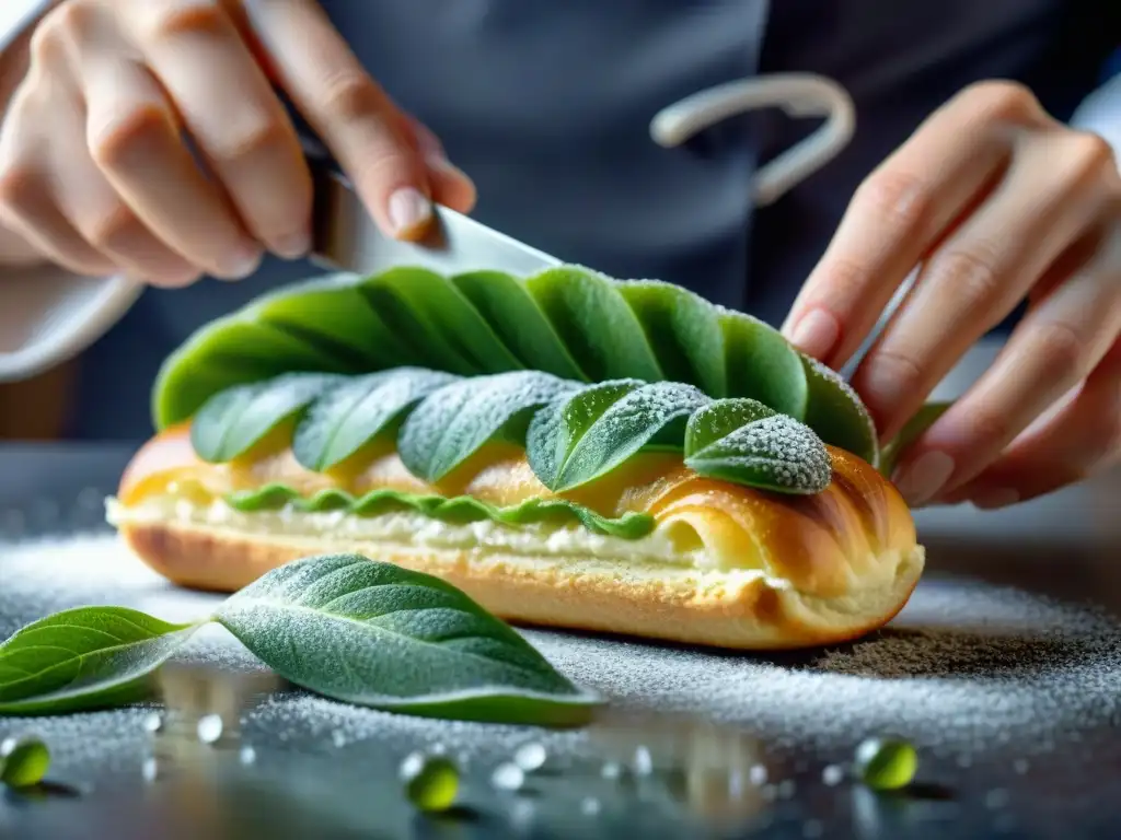 Chef repostero francés crea delicadas hojas de angélica en un éclair recién horneado, resaltando los beneficios de la angélica en repostería francesa