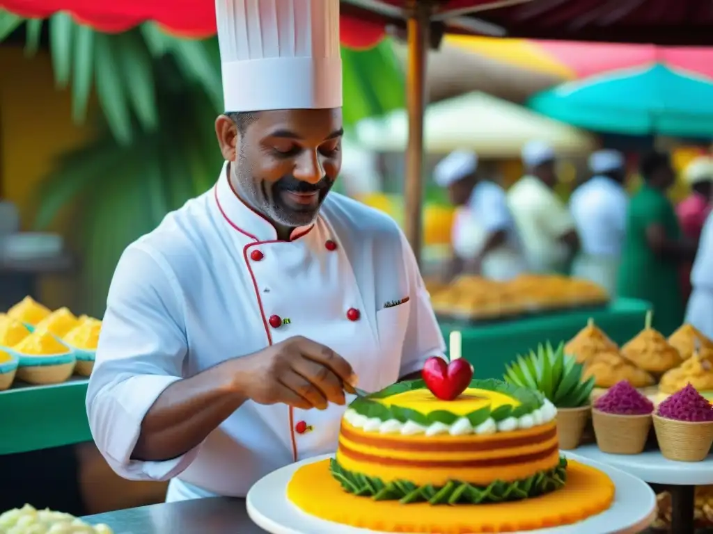 Un chef repostero en Guadalupe crea diseños con glaseado tropical en un postre tradicional, en un mercado colorido