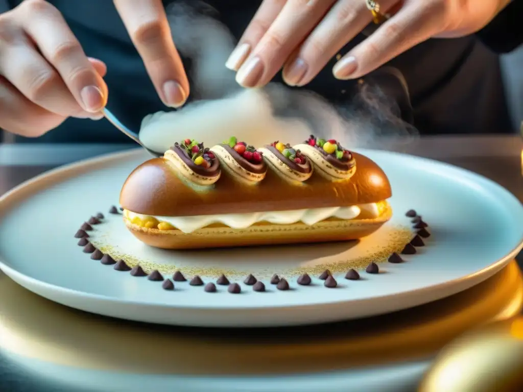 Un chef repostero espolvoreando especias sobre un éclair dorado