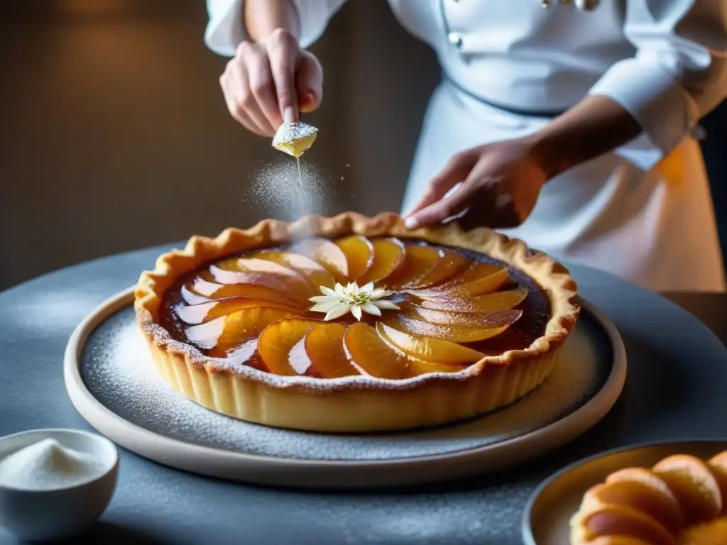 Chef repostero francés espolvoreando anís estrellado sobre tarta tatin recién horneada, destacando la precisión y arte en las recetas postres franceses anís estrellado