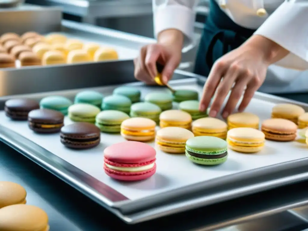 Un chef repostero experto crea con precisión macarons sobre bandeja blanca, demostrando utensilios repostería francesa innovadores