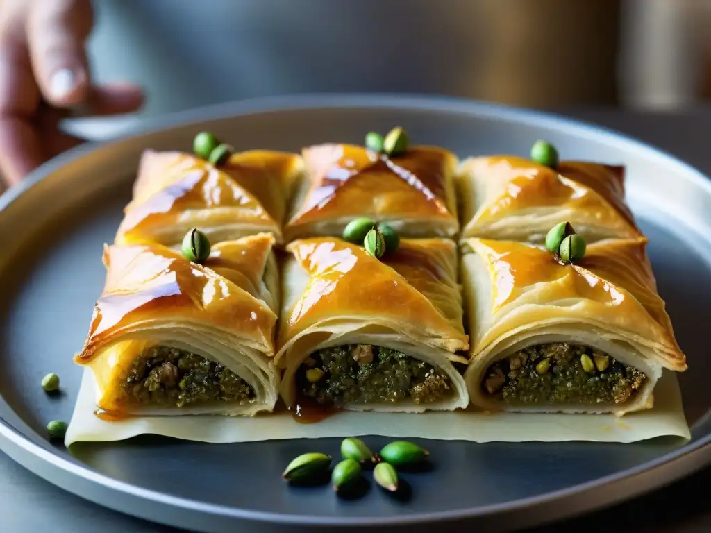 Un chef repostero experto en una bulliciosa cocina francesa decorando baklava con jarabe de azafrán, fusionando postres árabes en Francia