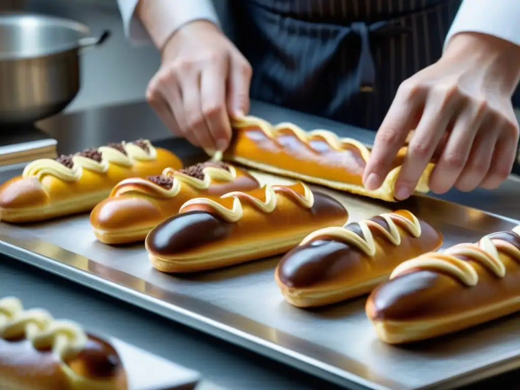 Un chef repostero experto creando éclairs con destreza y precisión