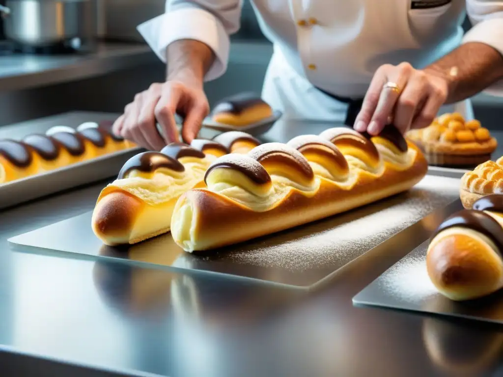 Un chef repostero experto elabora éclairs con precisión en una pastelería parisina, rodeado de utensilios repostería francesa innovadores