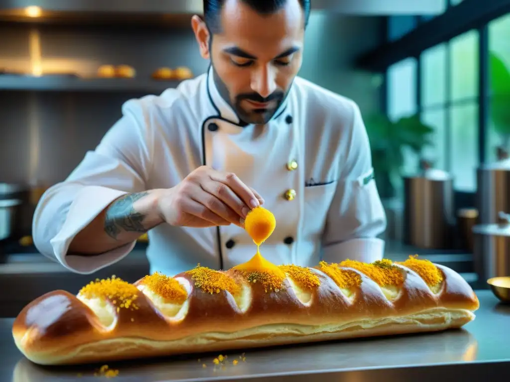 Un chef repostero francés experto espolvorea azafrán sobre un éclair, reflejando creatividad y precisión en la cocina de repostería francesa