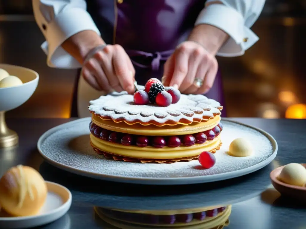 Un chef repostero experto decora un exquisito milhojas, resaltando la precisión y arte en los dulces tradicionales de Borgoña