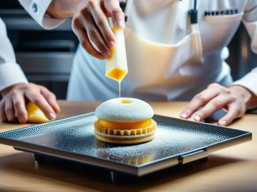 Un chef repostero experto usando una impresora 3D para crear postres franceses futuristas, rodeado de tecnología culinaria avanzada