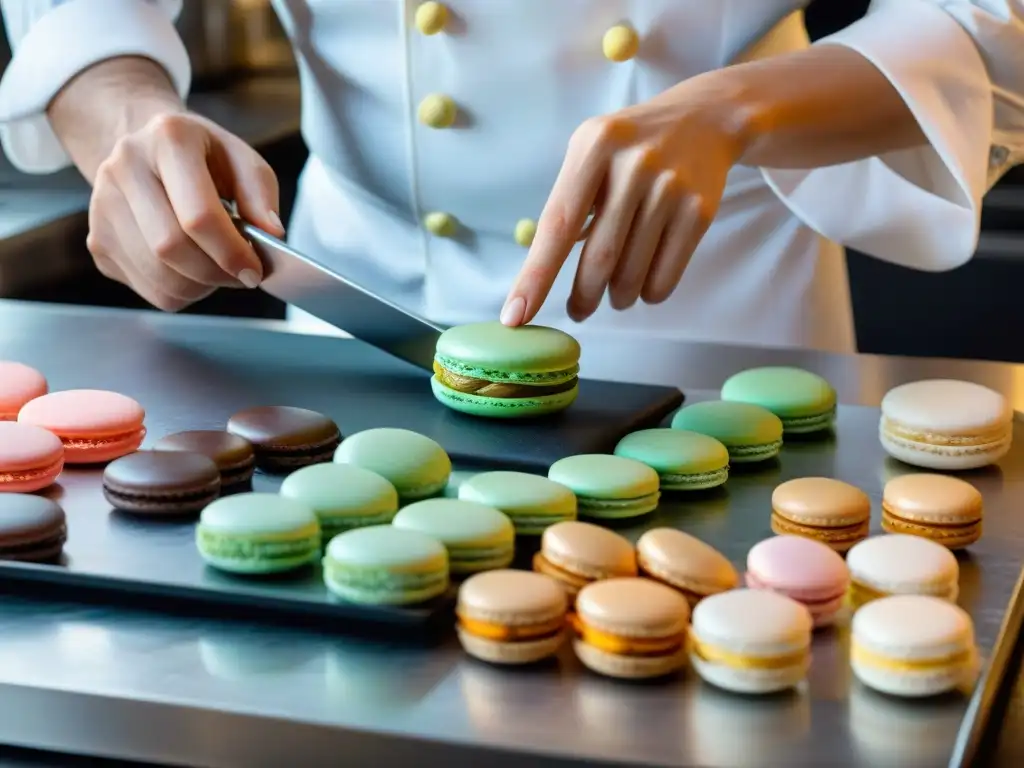 Un chef repostero francés experto elaborando macarons, rodeado de utensilios de repostería francesa innovadores