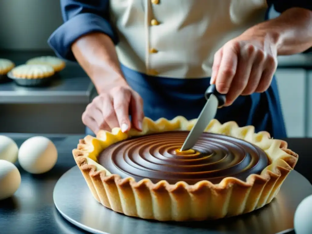 Un chef repostero experto engrasando un molde para tartas francesas con precisión