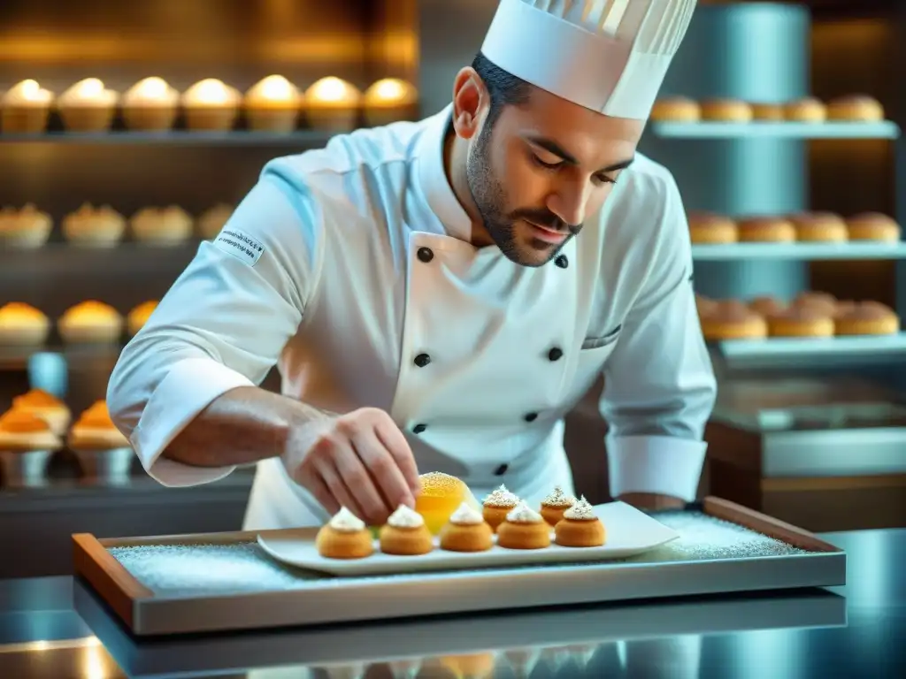 Un chef repostero experto adornando un postre francés con anís estrellado en una elegante pastelería parisina