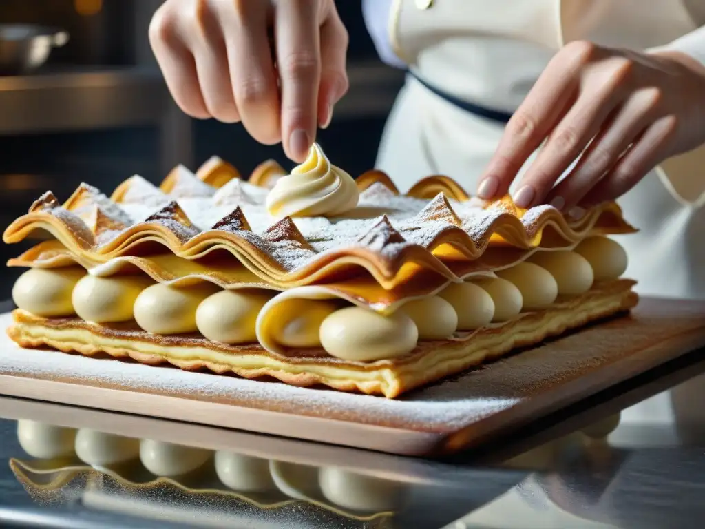 Un chef repostero francés experto en postres franceses exquisitos recetas decorando un millefeuille con crema, en una cocina vintage