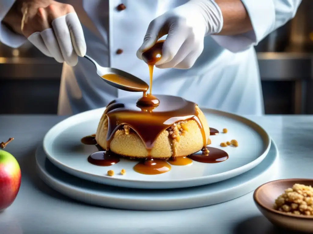 Un chef repostero experto crea con precisión un postre de manzana con salsa de caramelo infusionada en Calvados, mostrando arte culinario