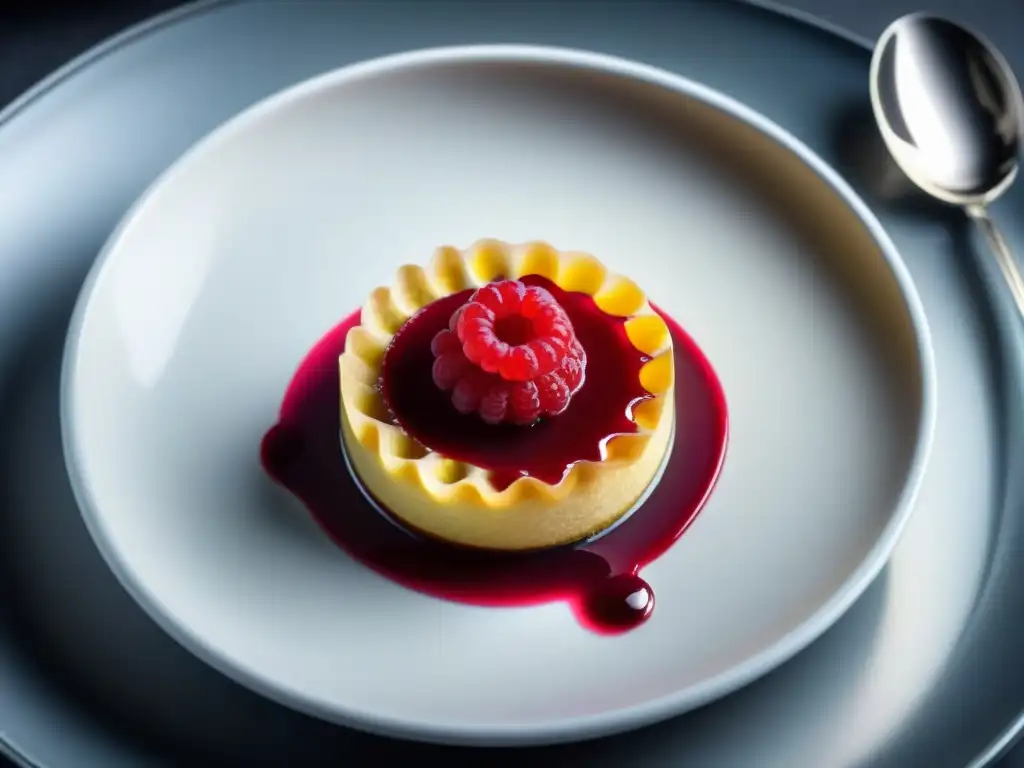 Un chef repostero experto decora con precisión un postre francés contemporáneo innovador con remolinos de coulis de frambuesa