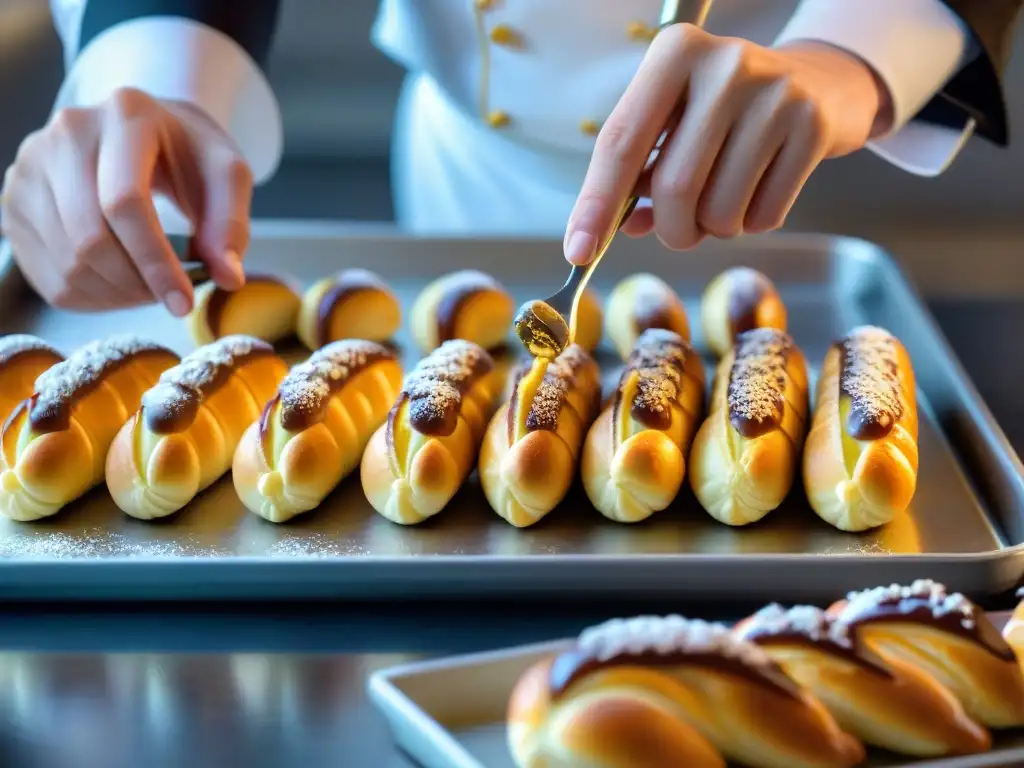 Un chef repostero experto en Receta Pâte à choux eclairs, con guantes, decorando meticulosamente éclairs en bandeja de horno