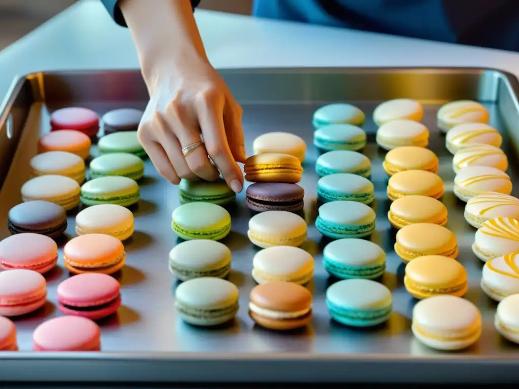 Un chef repostero francés experto en repostería francesa, decorando macarons con precisión y arte en una bandeja de horno