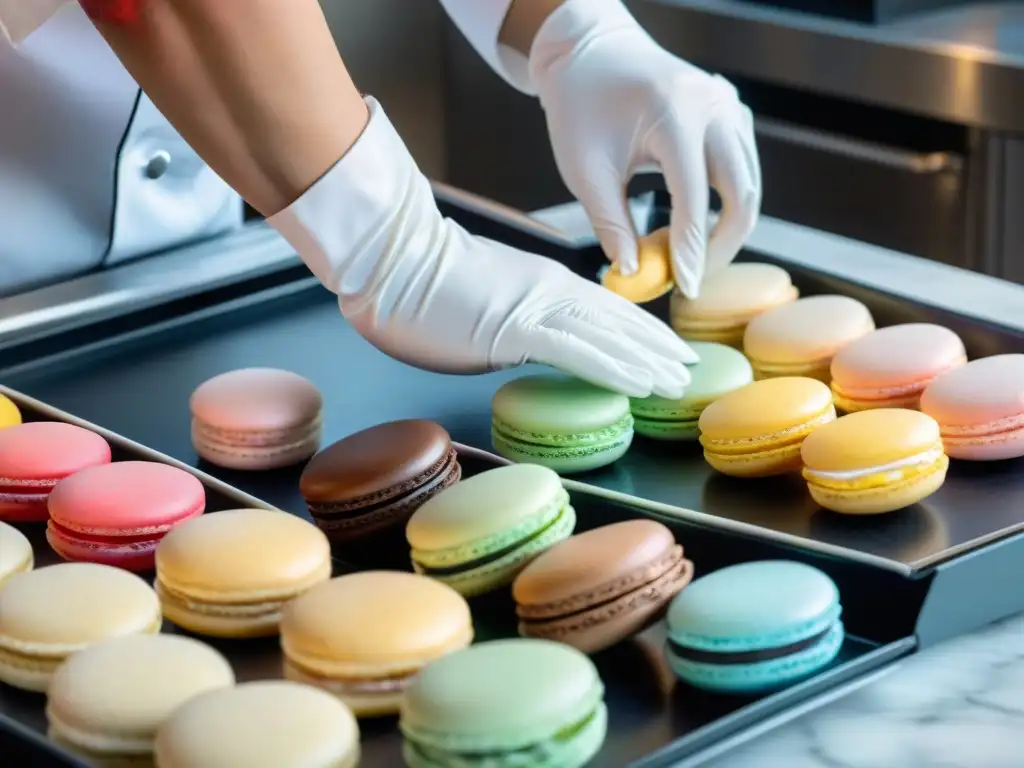 Un chef repostero experto en repostería francesa innovadora, elaborando meticulosamente macarons con utensilios avanzados