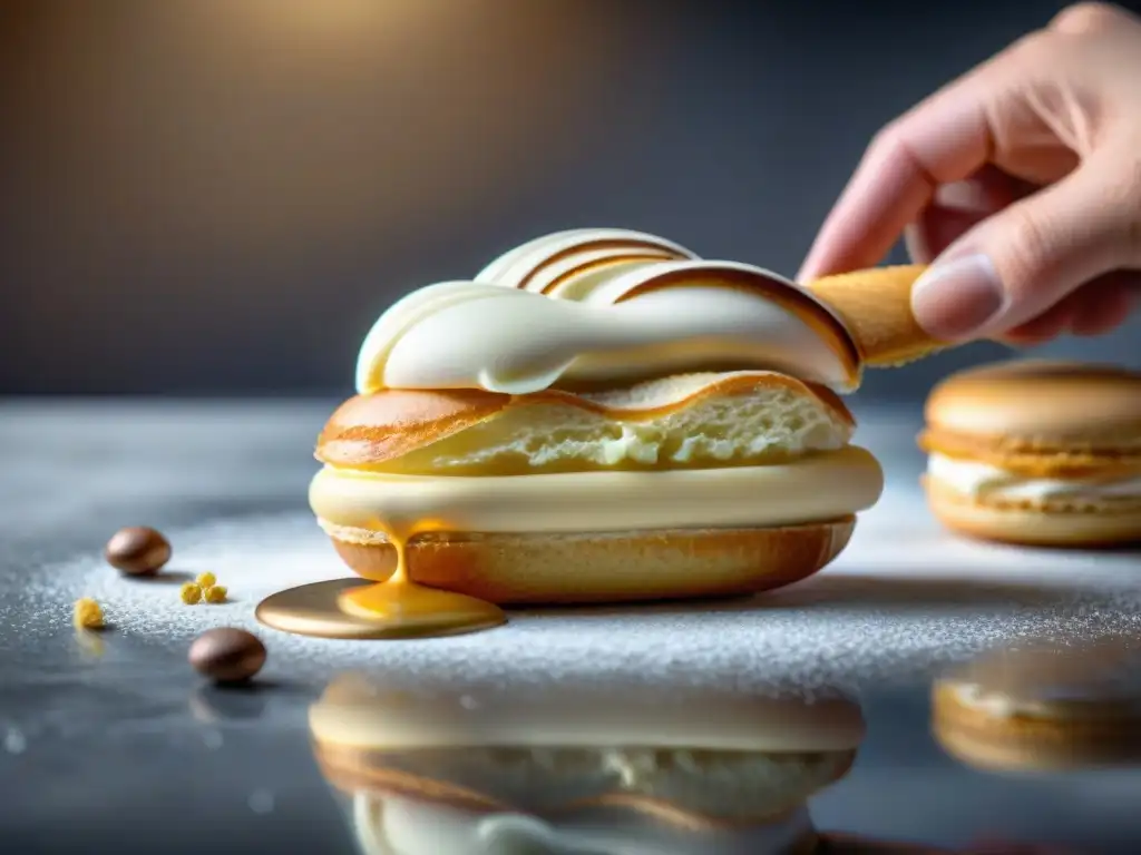 Un chef repostero francés experto en repostería francesa elabora un exquisito éclair en una pastelería parisina, rodeado de delicias culinarias