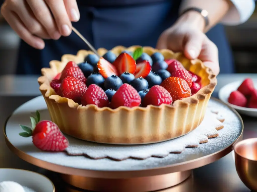 Un chef repostero experto decorando una tarta francesa con consejos para tartas francesas