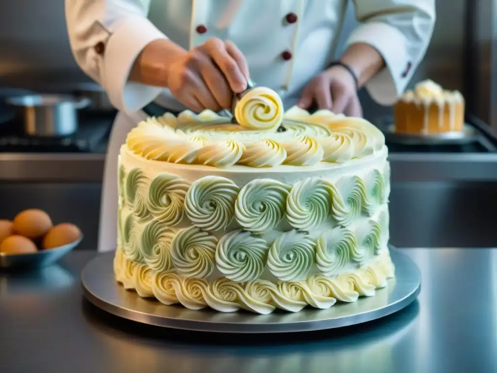 Un chef repostero experto decora una tarta nupcial con crema pastelera en una pastelería francesa innovadora