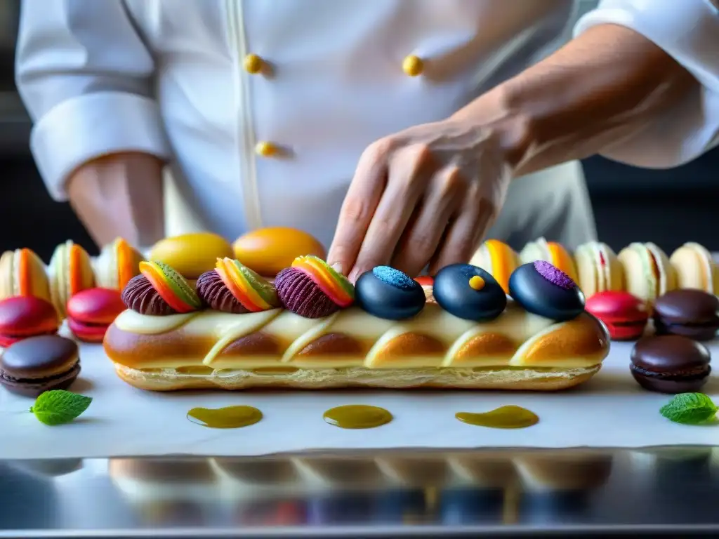 Un chef repostero experto aplicando técnicas postres franceses al vacío en un éclair perfectamente horneado