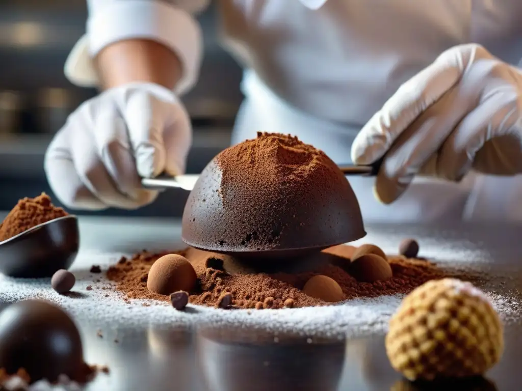 Un chef repostero experto elaborando trufas de chocolate, mostrando la artesanía en Innovaciones culinarias con trufas francesas