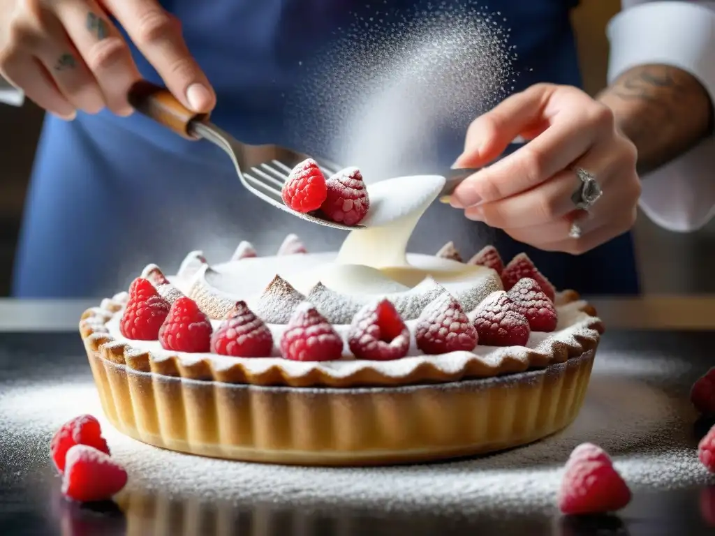 Un chef repostero francés decorando con detalle una tarta de frambuesa, mostrando la precisión en la cocina francesa