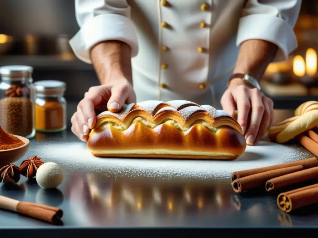 Un chef repostero francés espolvoreando especias sobre un exquisito éclair en una pastelería parisina