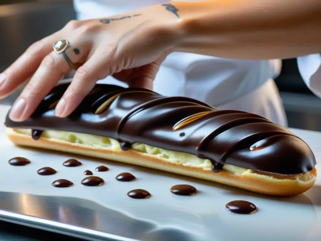 Un chef repostero francés experto en su labor, decorando un éclair con ganache de chocolate brillante